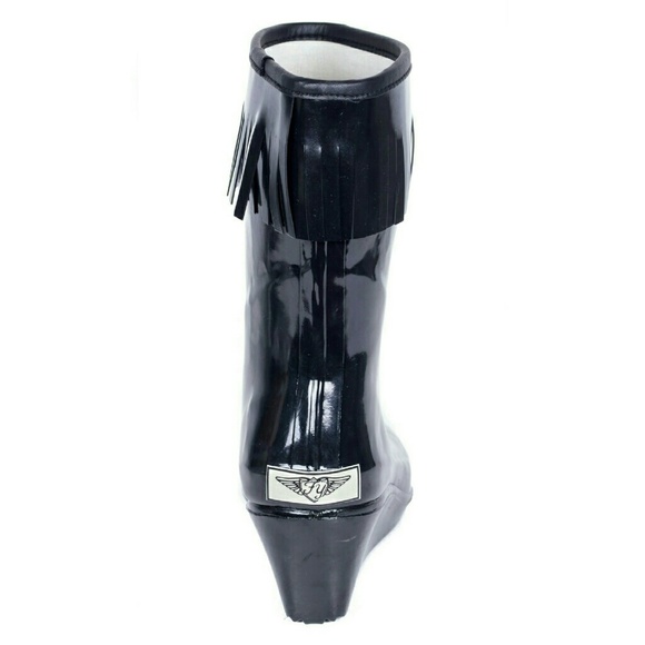 Women Rain Boots, Mid Calf Rubber Wedge Rainboots with Tassels, RB-1811, Black - Picture 4 of 4